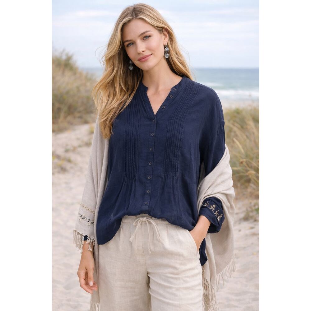 J. Jill Flowy Boho Navy Blue Shirt Women's size medium